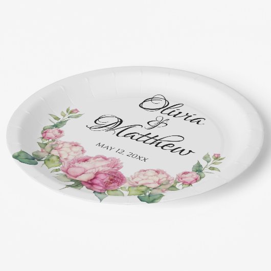 Waterverf roze bloemblaadjes roze pioenen roze roz papieren bordje (Gekanteld)