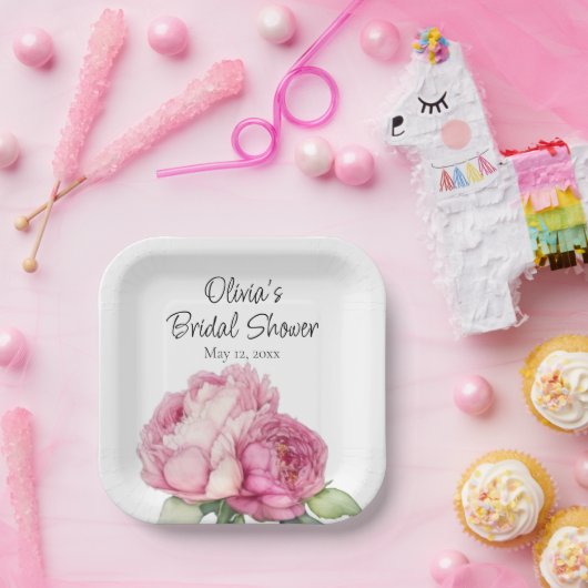 Waterverf roze bloemblaadjes roze pioenen roze roz papieren bordje (Feest)