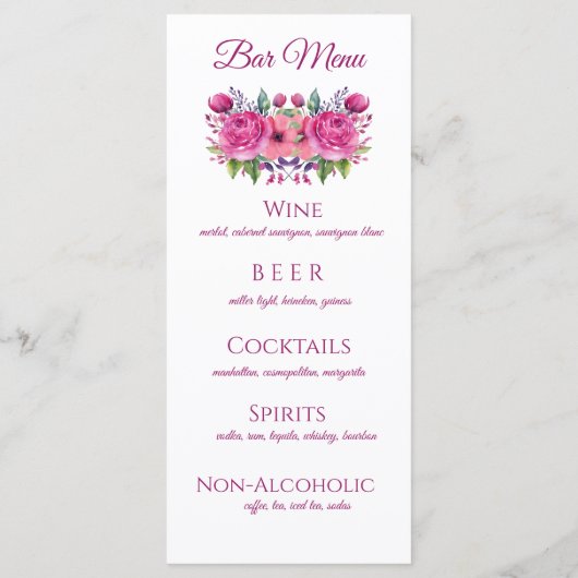 Waterverf Roze Bloemboeket-Bruiloft Menu- Menu (Achterkant)