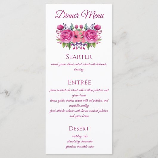 Waterverf Roze Bloemboeket-Bruiloft Menu- Menu (Voorkant)