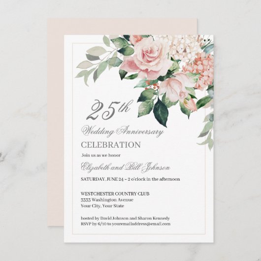 Waterverf Roze bloemen 25th Wedding Jubileum Kaart (Voorkant / Achterkant)