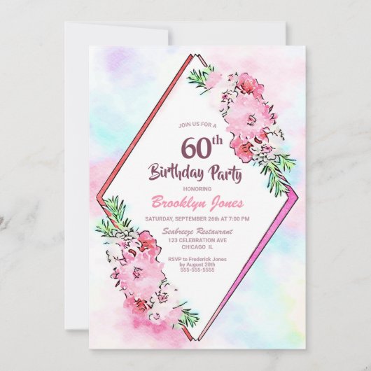 Waterverf Roze Bloemen 60ste Verjaardagsfeestje Kaart (Voorkant)