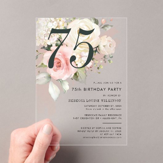 Waterverf Roze Bloemen 75e Verjaardagsfeest Acryl Uitnodigingen (Insitu (Draagbaar))