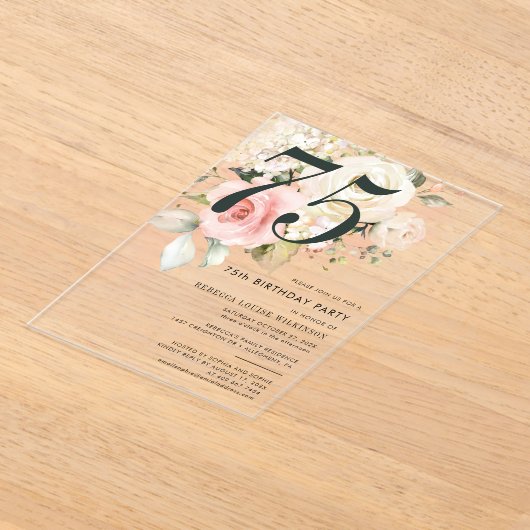 Waterverf Roze Bloemen 75e Verjaardagsfeest Acryl Uitnodigingen (Laagn)