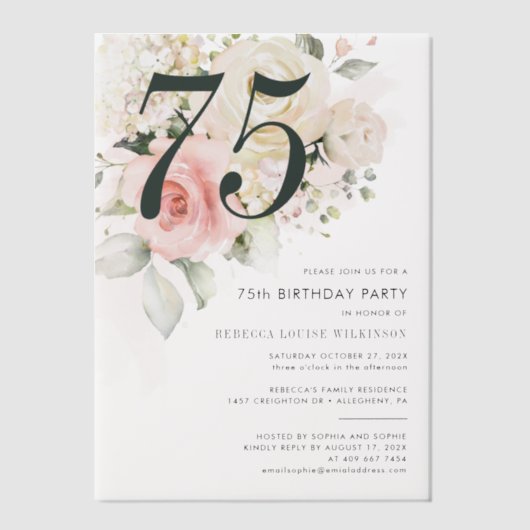 Waterverf Roze Bloemen 75e Verjaardagsfeest Vellum Uitnodigingen (Voorkant)