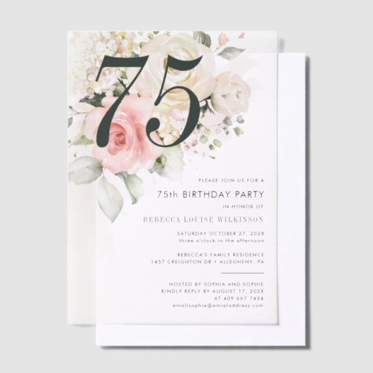 Waterverf Roze Bloemen 75e Verjaardagsfeest Vellum Uitnodigingen (Offset)