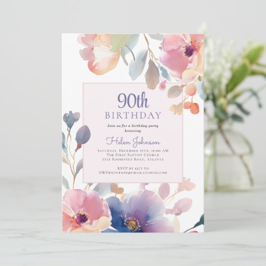 Waterverf Roze Bloemen 90ste Verjaardagsfeest Kaart (Staand voorkant)