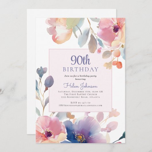 Waterverf Roze Bloemen 90ste Verjaardagsfeest Kaart (Voorkant / Achterkant)