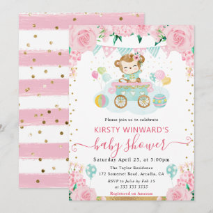 Waterverf Roze Bloemen Aapje Baby Shower Kaart
