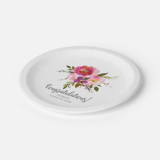 Waterverf Roze Bloemen Afstuderen Papieren Bordje (Gekanteld)