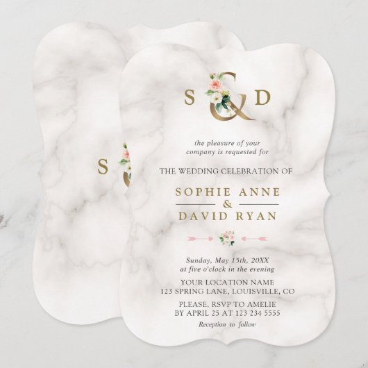 Waterverf Roze bloemen Ampersand Marmer Wedding Kaart (Voorkant / Achterkant)