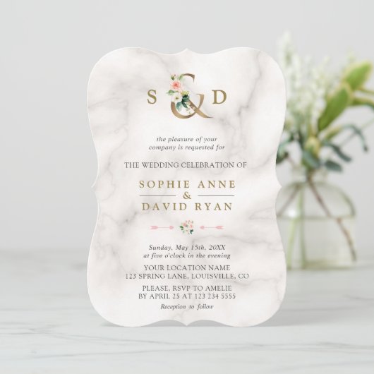 Waterverf Roze bloemen Ampersand Marmer Wedding Kaart (Staand voorkant)
