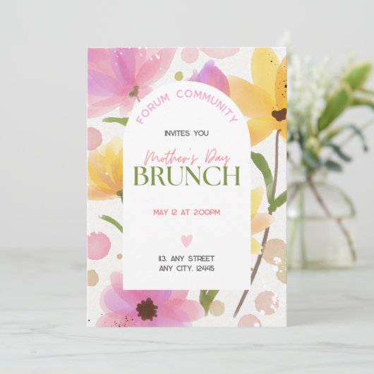 Waterverf roze bloemen Arched gemeenschap Brunch Kaart (Staand voorkant)
