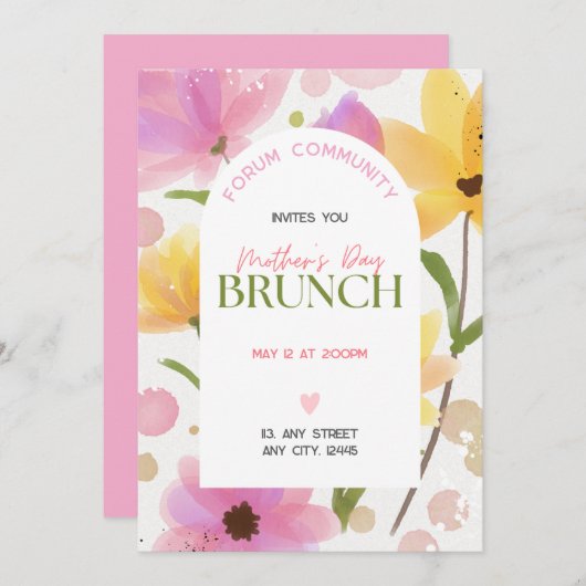 Waterverf roze bloemen Arched gemeenschap Brunch Kaart (Voorkant / Achterkant)
