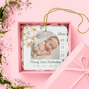 Waterverf Roze Bloemen Baby Geboortestatistieken F Keramisch Ornament