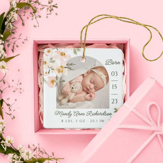 Waterverf Roze Bloemen Baby Geboortestatistieken F Keramisch Ornament