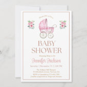 Waterverf Roze Bloemen Baby Meisje Carriage Shower Kaart (Voorkant)