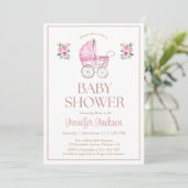 Waterverf Roze Bloemen Baby Meisje Carriage Shower Kaart (Staand voorkant)