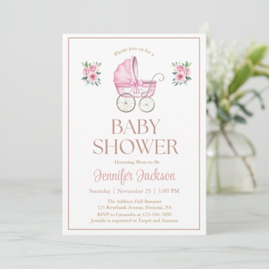 Waterverf Roze Bloemen Baby Meisje Carriage Shower Kaart (Staand voorkant)