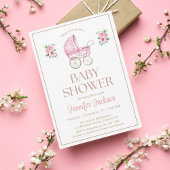 Waterverf Roze Bloemen Baby Meisje Carriage Shower Kaart