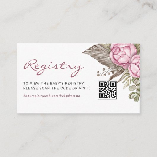 Waterverf Roze Bloemen Baby QR Code Register Informatiekaartje (Voorkant)