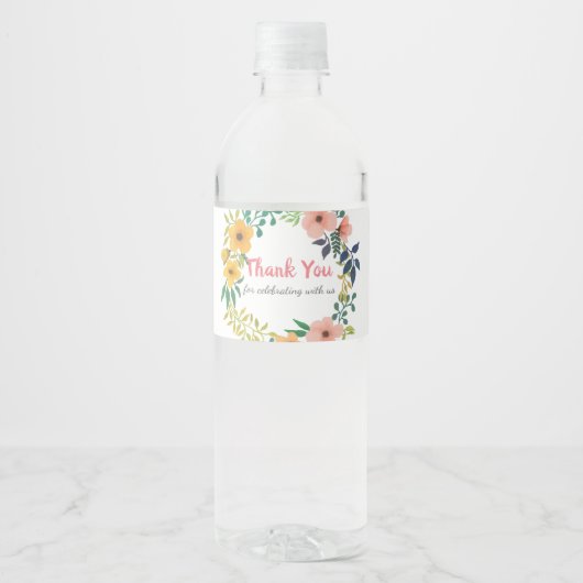 Waterverf Roze Bloemen | Baby shower Dank u Waterfles Etiket (Voorkant)
