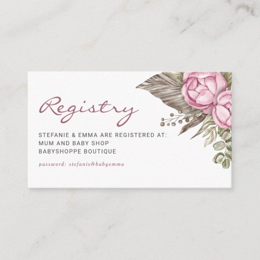 Waterverf Roze Bloemen Baby shower Register Informatiekaartje (Voorkant)