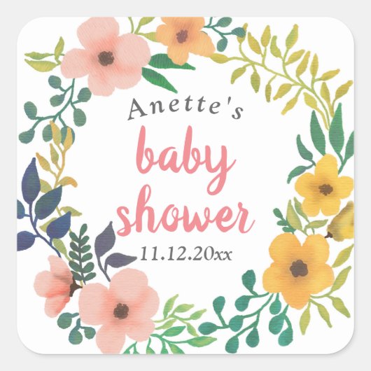 Waterverf Roze Bloemen | BABY SHOWER Vierkante Sticker (Voorkant)