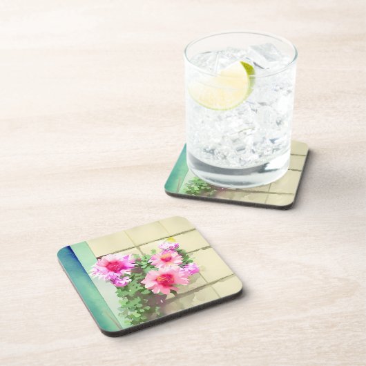 Waterverf Roze bloemen Bier Onderzetter (Rechterzijde)