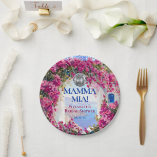 Waterverf Roze Bloemen Blauwe Tegels Disco Bal Papieren Bordje