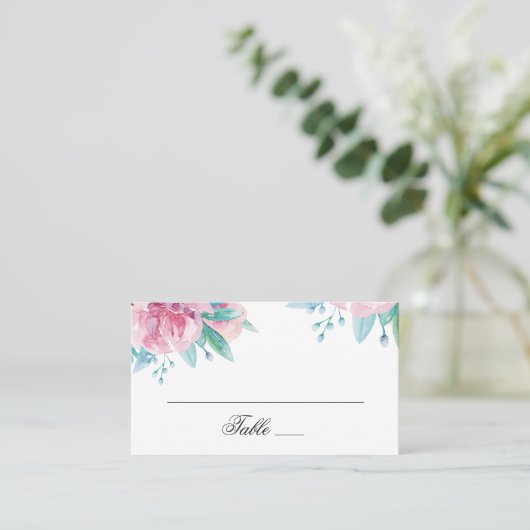 Waterverf roze bloemen. Blush florale bruiloft Plaatskaartje (Staand voorkant)