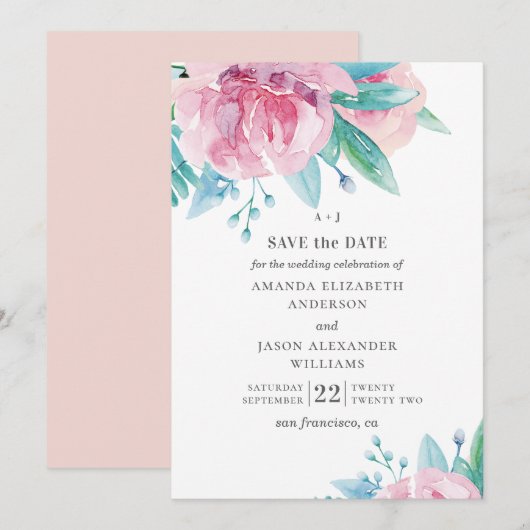 Waterverf roze bloemen. Blush florale bruiloft Save The Date (Voorkant / Achterkant)