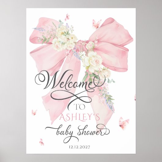 Waterverf Roze Bloemen Bow Baby shower Welkom Poster (Voorkant)