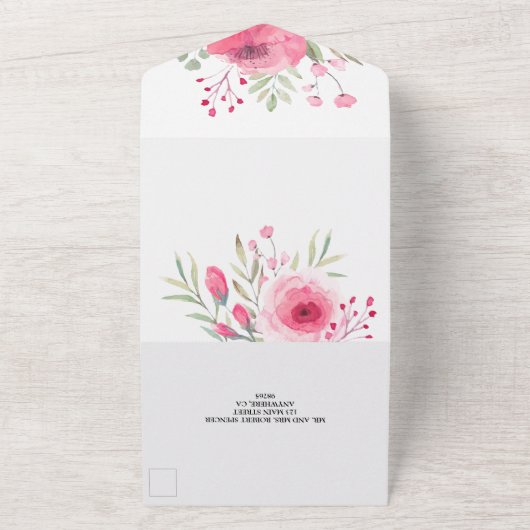 Waterverf roze bloemen bruiloft all in one uitnodiging (Buitenkant)