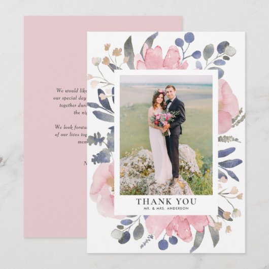 Waterverf Roze Bloemen bruiloft Bedankkaart (Voorkant / Achterkant)
