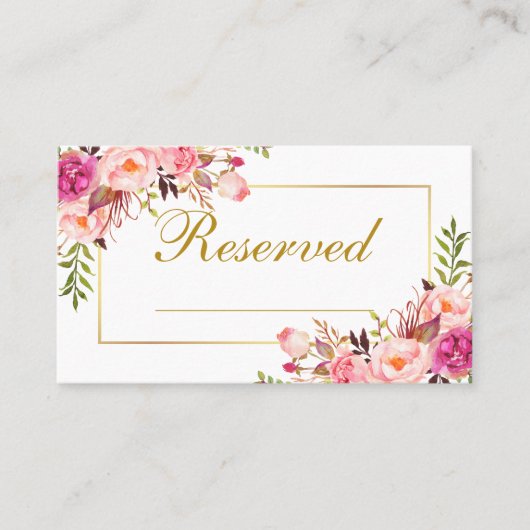 Waterverf Roze Bloemen Bruiloft Gereserveerde Naam Plaatskaartje (Voorkant)