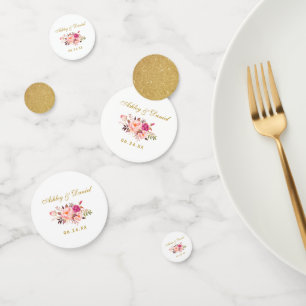 Waterverf Roze Bloemen Bruiloft Gouden Glitter Confetti