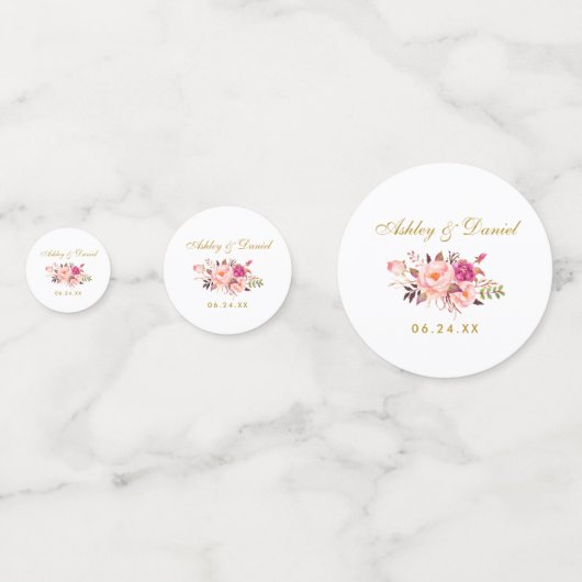 Waterverf Roze Bloemen Bruiloft Gouden Glitter Confetti (Voorkanten)