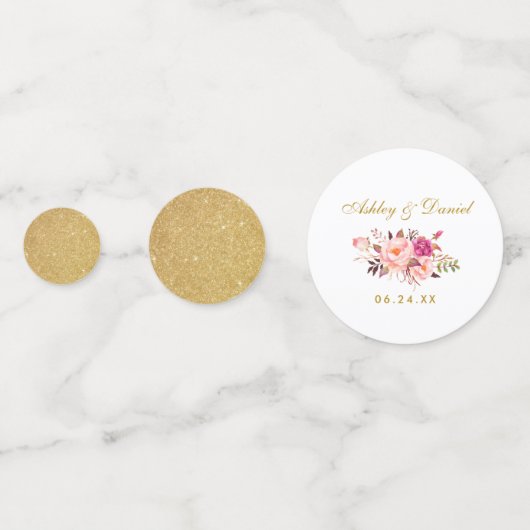 Waterverf Roze Bloemen Bruiloft Gouden Glitter Confetti (Achterkanten)