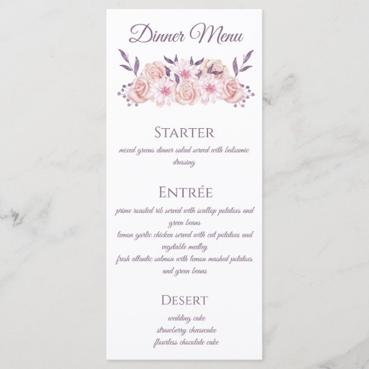 Waterverf Roze Bloemen-Bruiloft Menu- Menu (Voorkant)
