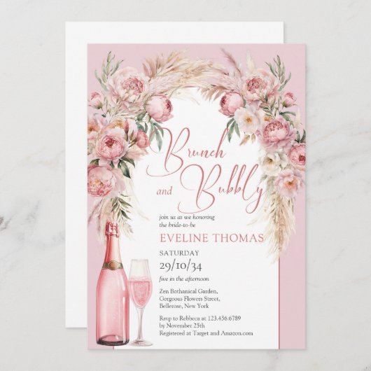 Waterverf roze bloemen brunch en bubbels kaart (Voorkant / Achterkant)