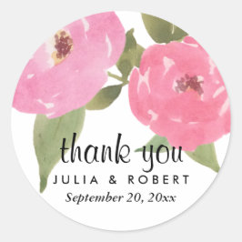 Waterverf roze bloemen chique bruiloft dank u ronde sticker