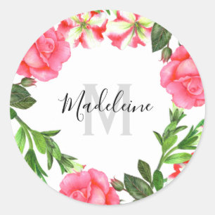 Waterverf roze bloemen cirkel krans monogram ronde sticker