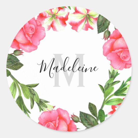 Waterverf roze bloemen cirkel krans monogram ronde sticker (Voorkant)