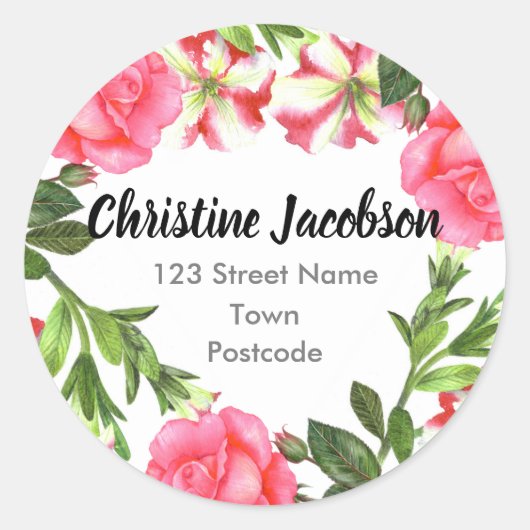 Waterverf Roze bloemen cirkel Wreatadres Ronde Sticker (Voorkant)