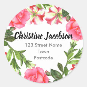 Waterverf Roze bloemen cirkel Wreatadres Ronde Sticker