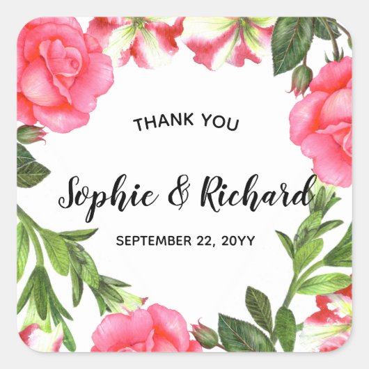Waterverf Roze bloemen cirkel Wreater Vierkante Sticker (Voorkant)