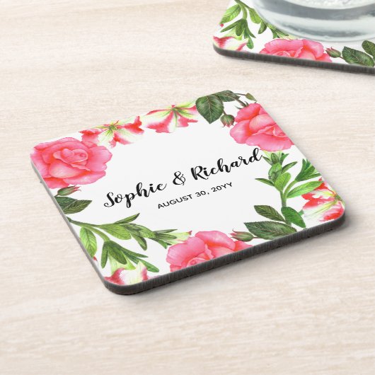 Waterverf roze bloemen cirkelvormig ontwerp bier onderzetter (Linkerzijde)