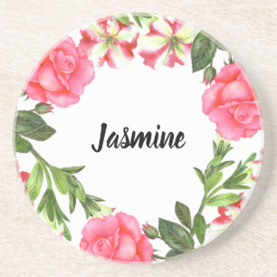 Waterverf roze bloemen cirkelvormig ontwerp zandsteen onderzetter