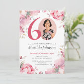 Waterverf Roze Bloemen Custom Foto 60ste Verjaarda Kaart (Staand voorkant)